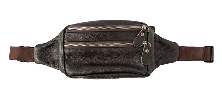 Fanny Pack Waist Bag Isolated on white background. Brown Leather travel accessories