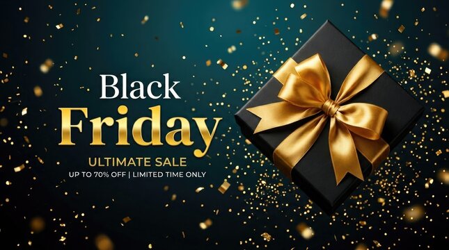 Black Friday sale advertisement with a black gift box and golden ribbon on a dark teal background