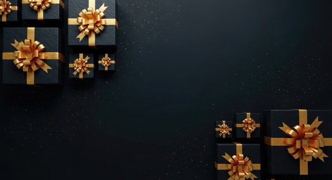 Black gift boxes with golden ribbons on a dark background festive celebration arrangement