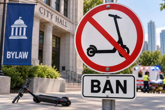 E scooter ban sign outside city hall municipal bylaw restricting electric scooters for safety rising accident rates regulation public spaces emergency response backdrop