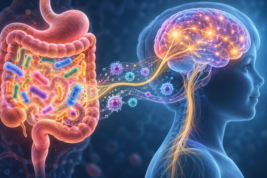 Microbiome and brain health concept showing gut probiotic bacteria as biological remote control for the mind with neural highways and migrating immune cells shaping early brain development and mood