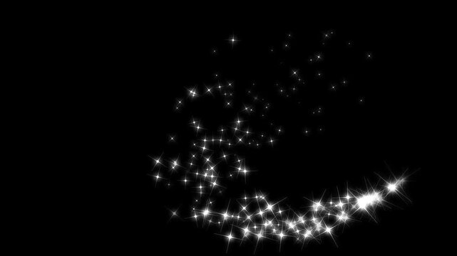 White glowing glitter particle trail with magic sparkles and twinkle doodle stars, glitter line stars, soft glow effects and seamless loop overlay on transparent black background. 4k video