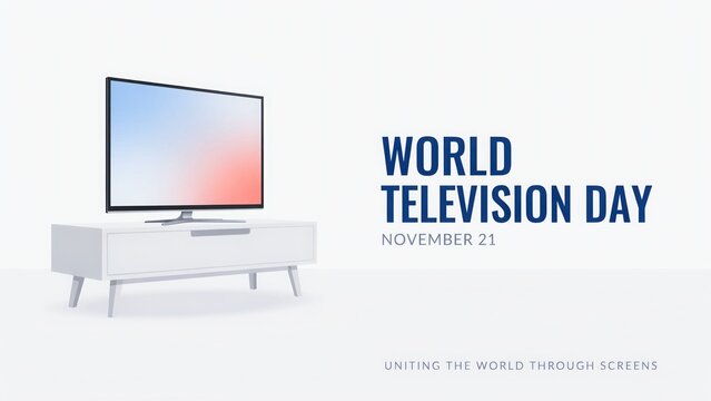 World television day modern tv on white cabinet with uniting the world through screens message.