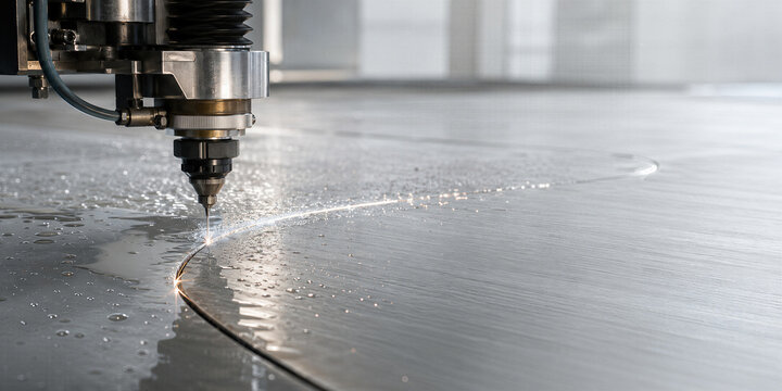 CNC waterjet cuts a metal sheet along a precise curved path. Industrial nozzle directs water droplets across a metal sheet with open copy space. Precision industrial manufacturing concept.