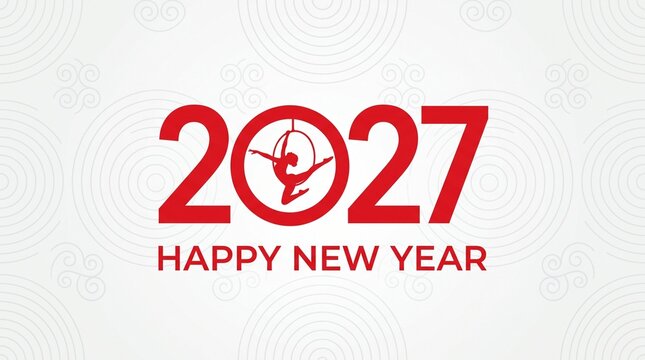 A vibrant 2027 Happy New Year graphic design featuring a red silhouette of an aerial acrobat performing inside the circular zero on a clean white textured background.