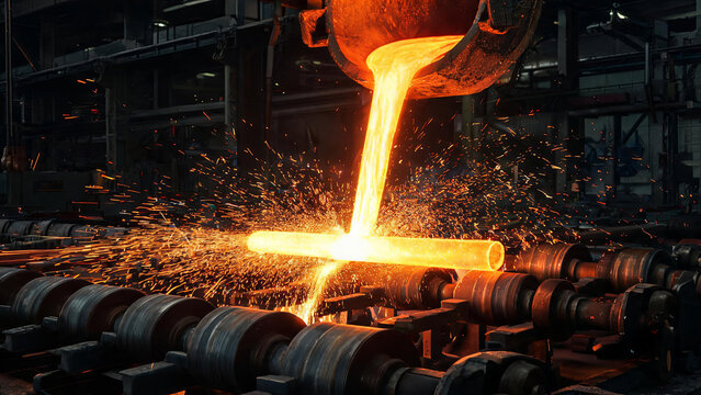Molten hot metal is poured from a ladle into a mould in an industrial foundry workshop, with sparks scattering during the casting process.