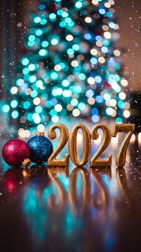 Golden 2027 Year Numbers Surrounded by Red and Blue Christmas Ornaments with a Festive Bokeh Background of Glowing Lights for New Year Celebration Greeting Card
