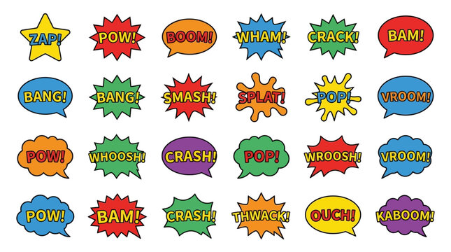 Assorted comic book sound bubbles for action scenes.