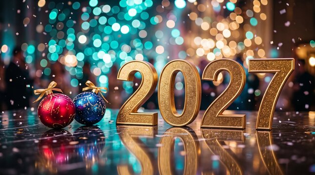 Golden 2027 Year Numbers Sitting on a Reflective Surface with Shiny Red and Blue Christmas Ornaments Against a Beautiful Multicolored Bokeh Holiday Background