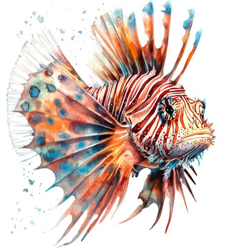 Lionfish watercolor painting, semi-realistic fantasy artwork, realistic details with magical touch, white background