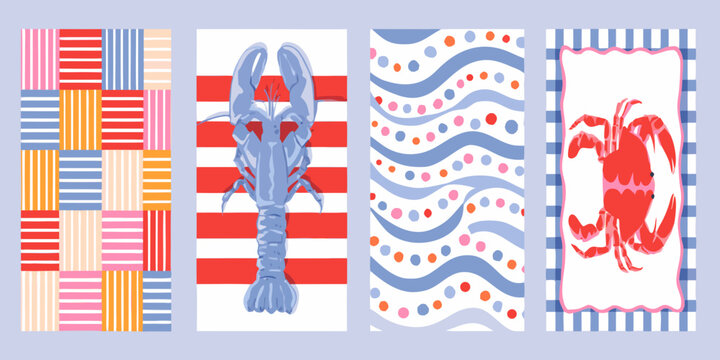Nautical pattern featuring lobster crab waves and striped rectangles