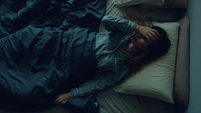 Sad woman unable sleep suffering from headache, hand touching head falls asleep on bed top view, black dark room blue light. Pain migraine health problem. girl chronic fatigue feels bad, after party