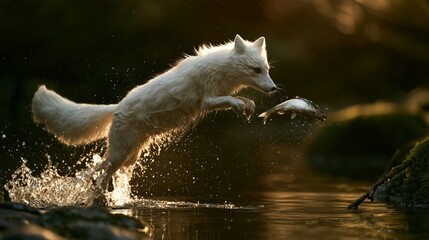 Fototapeta premium White fox jumping to catch fish in river during sunset