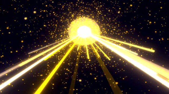 Golden light streaks emanating from a central orb against a dark particle background