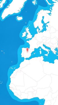Vertical 3D globe zooming into Madrid city location pin concept
