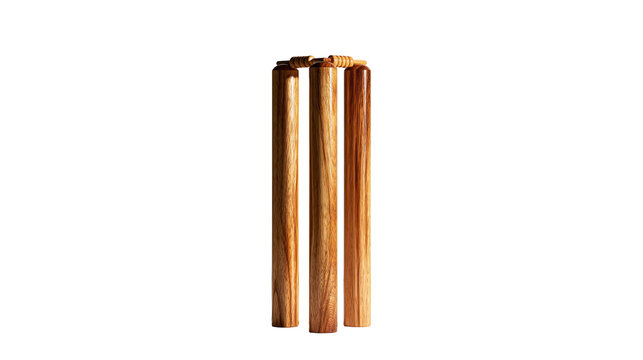 Polished wooden cricket stumps with bails on top