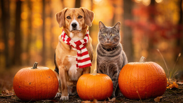 Dog and cat with pumpkins in autumn forest a cozy fall scene