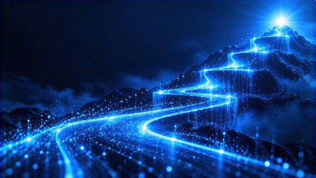 Glowing digital path leads toward mountain peak with luminous light rays representing futuristic technological growth.
