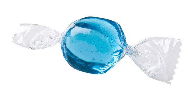 Blue translucent hard candy wrapped in clear crinkled plastic foil