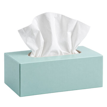A light blue rectangular tissue box with a white tissue pulled out.