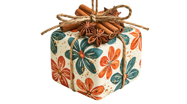 Square gift box wrapped in floral paper decorated with cinnamon sticks and anise