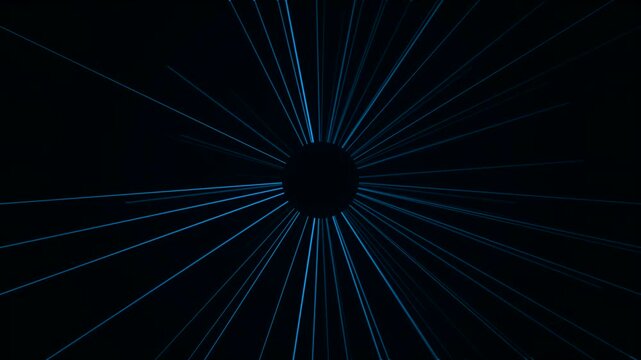 Abstract background with blue glowing light rays emanating from a dark central circle, representing speed, motion, or a futuristic cosmic explosion