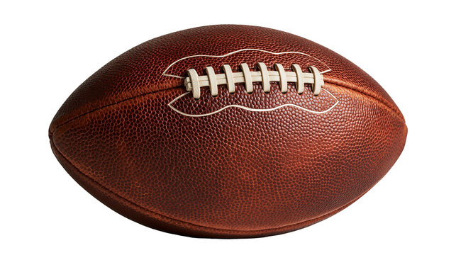 Brown leather American football with white laces and textured surface
