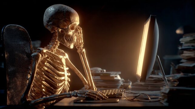 A human skeleton sits at a desk looking at a glowing computer monitor with stacks of papers in the background.