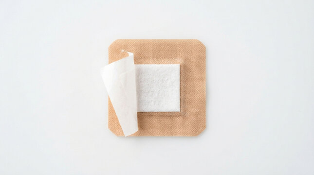 Adhesive bandage strip with a peeling protective paper backing isolated on a clean white background, representing first aid, wound care, and medical treatment