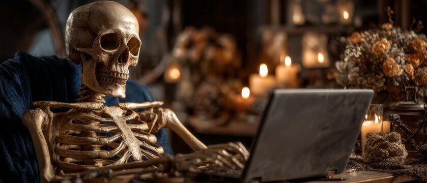 A skeleton sits at a desk using a laptop with candles and dried flowers in the background.