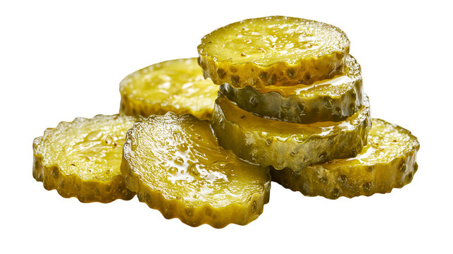 Crinkle cut pickled cucumber slices stacked in a pile