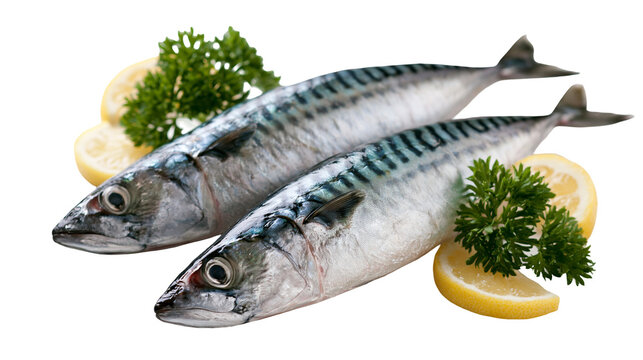 Two fresh whole Atlantic mackerel fish with lemon slices and green parsley