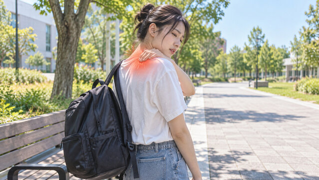 夏の屋外で重いリュックを背負い肩を押さえる日本人学生