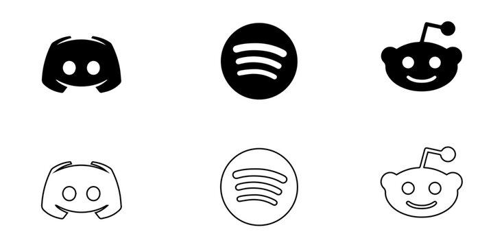 Solid and Outline Discord Spotify and Reddit Logos Vector Icon Set Featuring Social Media Network Brand Identity Graphic UI Design Assets