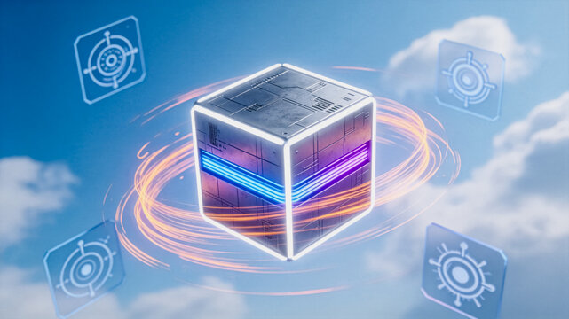 Floating Cube with Glowing Light Streams and Digital Icons in Sky