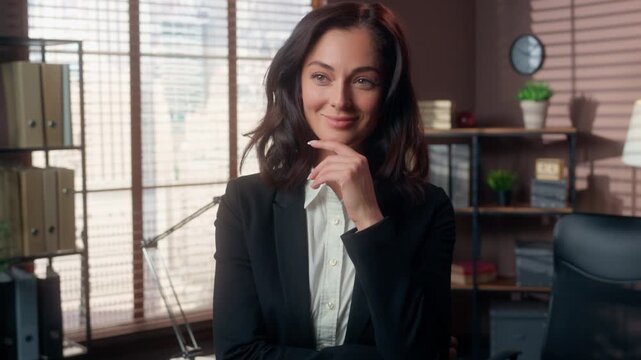 Smiling Caucasian business woman thinking in office businesswoman looking aside with hand on chin female manager confident professional employee planning idea decision modern workplace portrait indoor