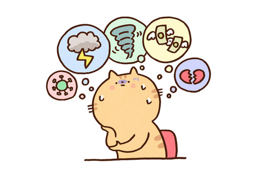 Cat feeling anxious anticipating future misfortunes, anticipatory anxiety or excessive worry mental health concept