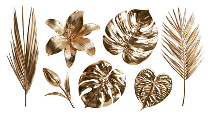 Metallic gold painted tropical palm leaves and exotic lily flower collection © Eustace