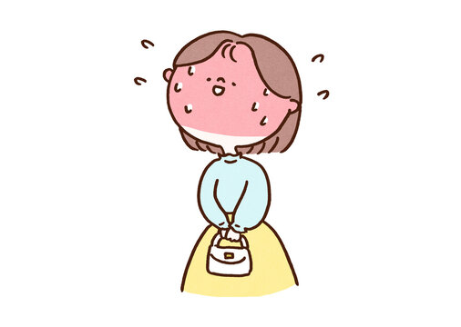 Nervous woman turning completely red in the face with a cold sweat, social anxiety disorder or erythrophobia concept