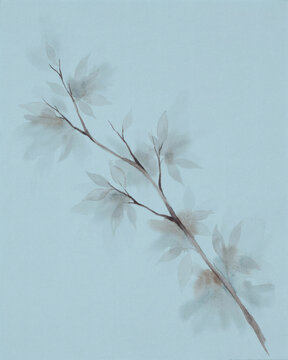 Delicate Watercolor Branch Illustration Featuring Soft Ethereal Foliage and Minimalist Artistic Aesthetic on a Pale Blue Background