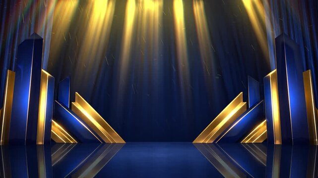 Dark blue stage with golden spotlight lines and glitter texture for award ceremony design. Realistic 3d abstract premium elegant glamour background template for anniversary or winner rewarding.