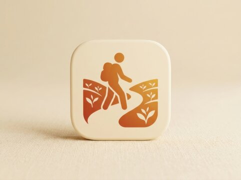 Trail navigation hiking app icon with backpacker in warm 3D render