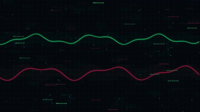 Digital data visualization with glowing sine wave graphs and floating numerical coordinates on dark background