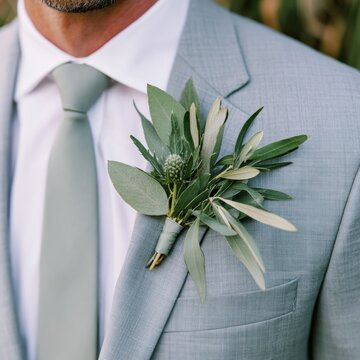 Groom Wearing Greenery Boutonniere on Blue Suit at Wedding