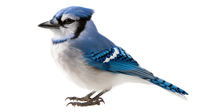 Blue jay bird with vibrant blue and white plumage and black crest feathers