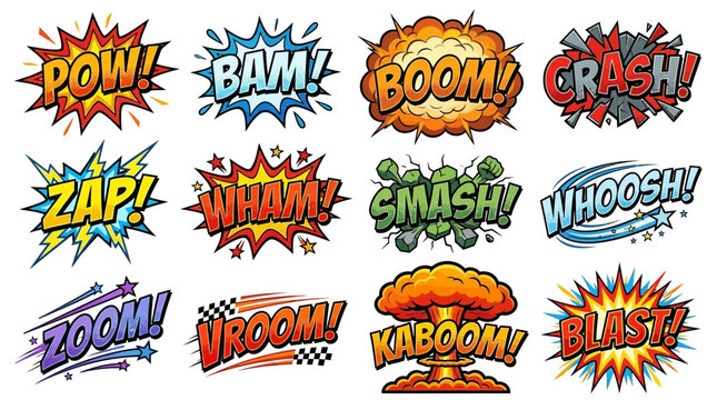 Classic comic book onomatopoeia set for creative projects.