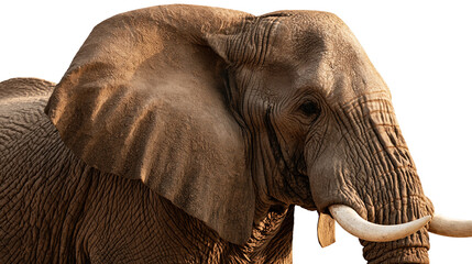 Large African elephant head with wrinkled skin and ivory tusks