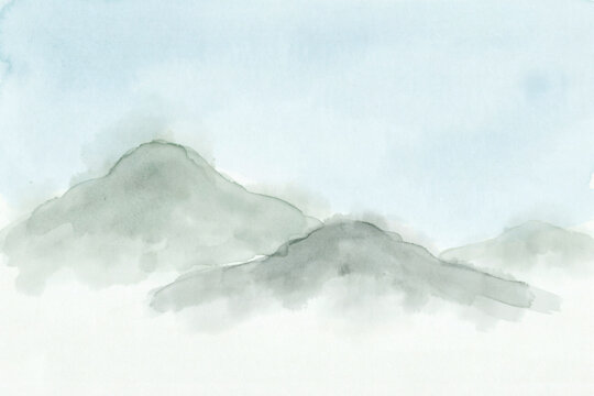 Minimalist Watercolor Mountain Landscape Painting Featuring Soft Grey Peaks Against a Serene Pale Blue Sky for Artistic Wall Decor