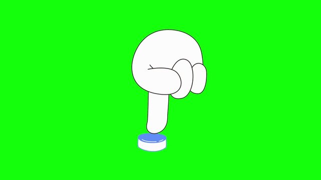 Cartoon Hand Pressing Button Animation on Green Screen,Finger Pushes Blue Button, Funny Action Effect and Chroma Key Overlay