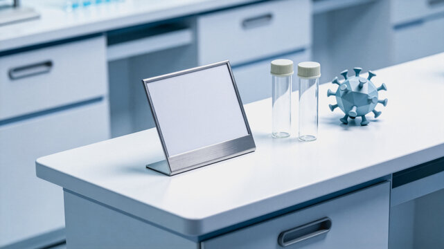 Laboratory Bench With Test Tubes and Virus Model